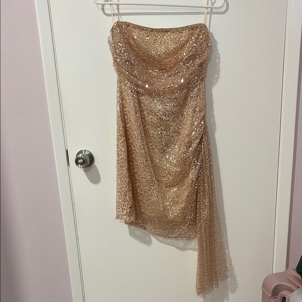 Windsor: Strapless Sequin Draped Mini Dress in Champagne